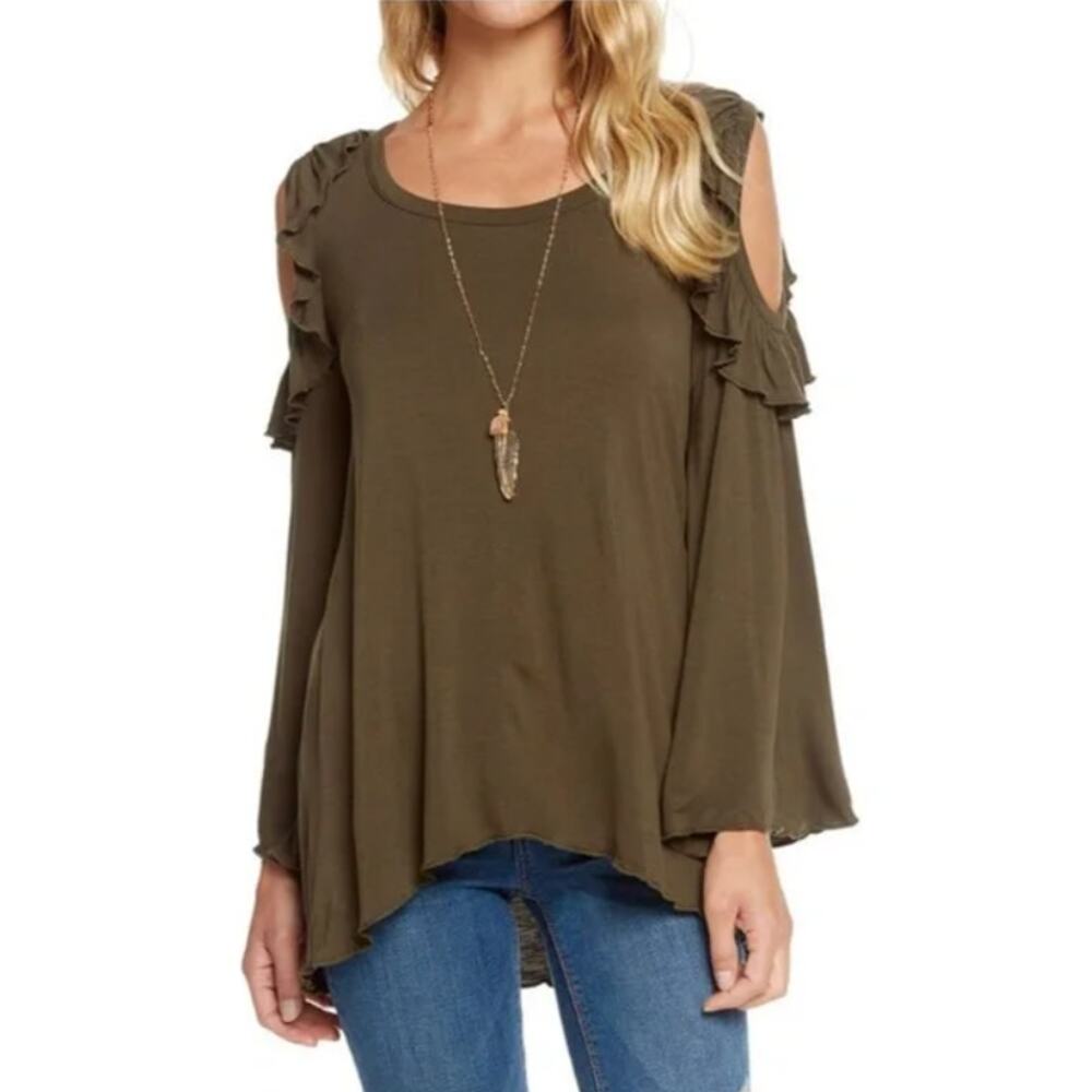 Chaser Bell  Sleeve Cold Shoulder Long Sleeve Top Olive Green Women's Medium